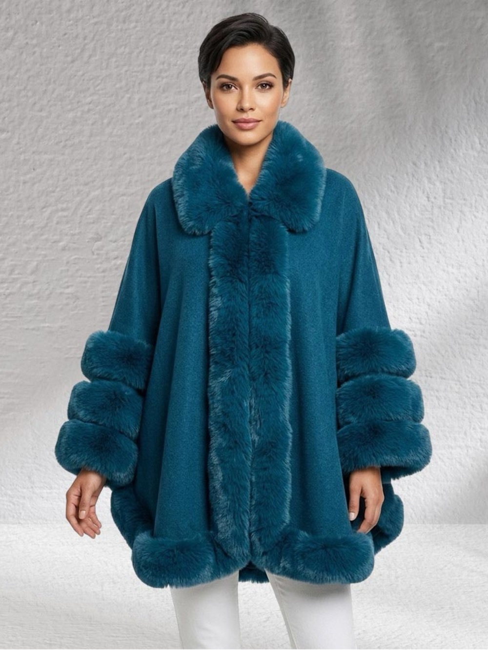 Teal Faux-Fur Trim Women's Cape Sweater